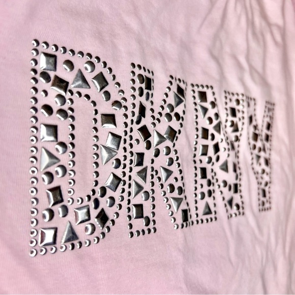 DKNY Pink with Silver Metal Stud Tee, Gathered Sleeve, Girls 12 - Picture 2 of 5